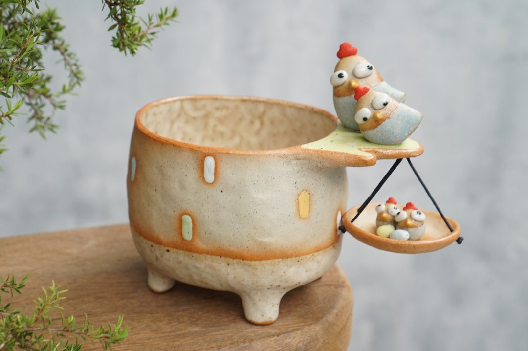 仙人掌鸡煲小植物、赤土陶器、陶瓷手工制作 - 花瓶/陶器 - 陶 卡其色