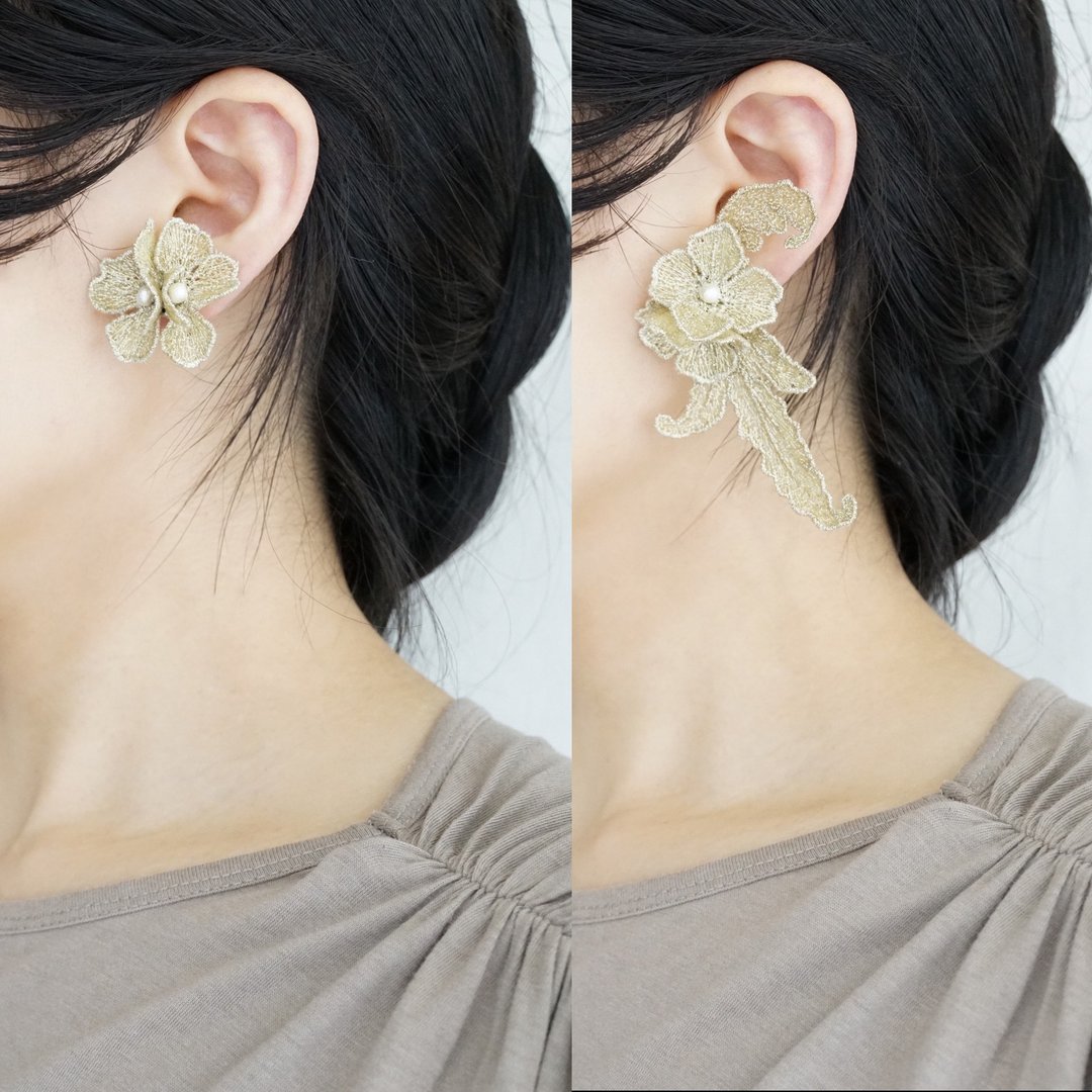 Arabesque embroidered earrings champagne - 耳环/耳夹 - 绣线 金色