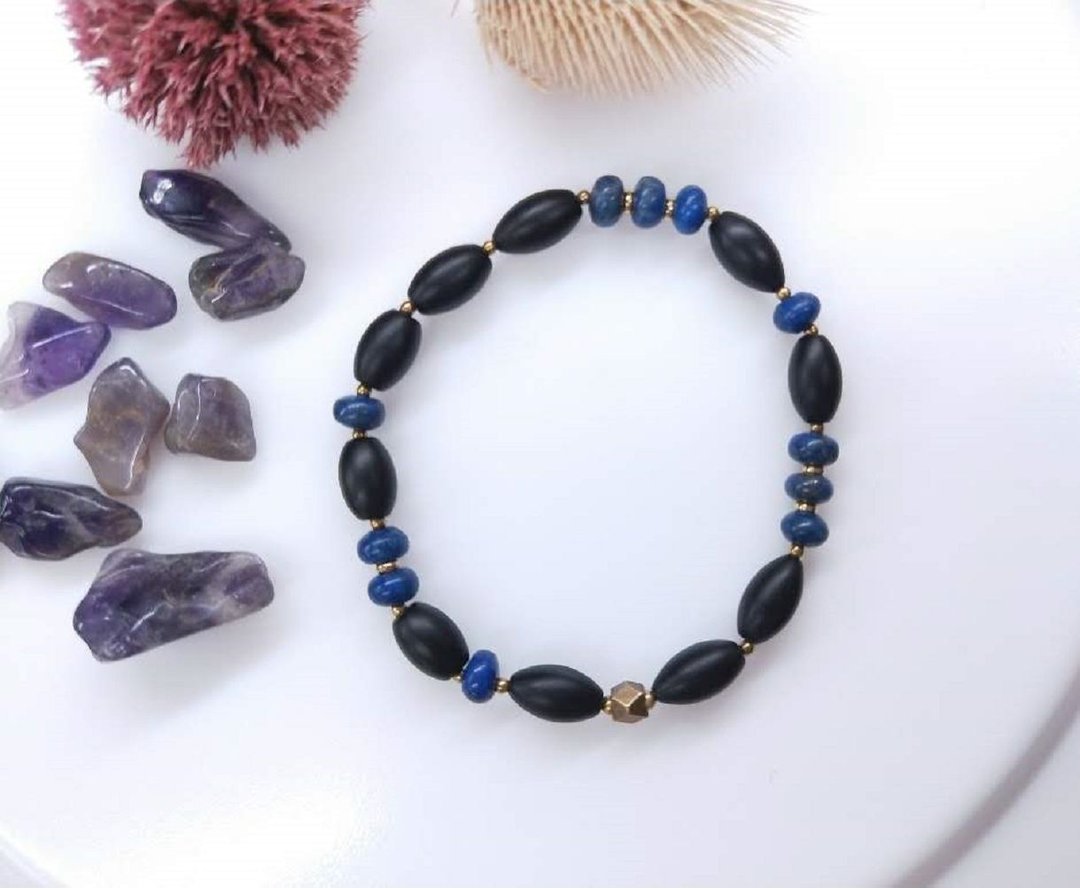 【独一商品】青金石*黑玉髓*黄铜手串 - 手链/手环 - 水晶 蓝色
