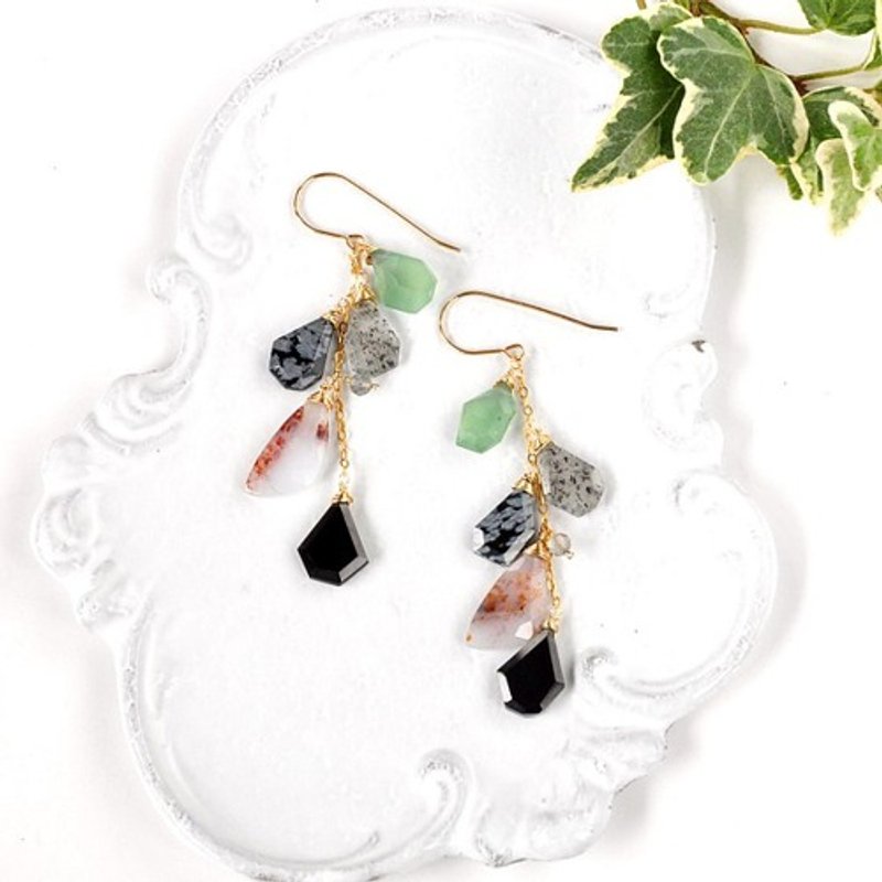 14kgf/obsidian x dendritic agate earrings - 耳环/耳夹 - 宝石 
