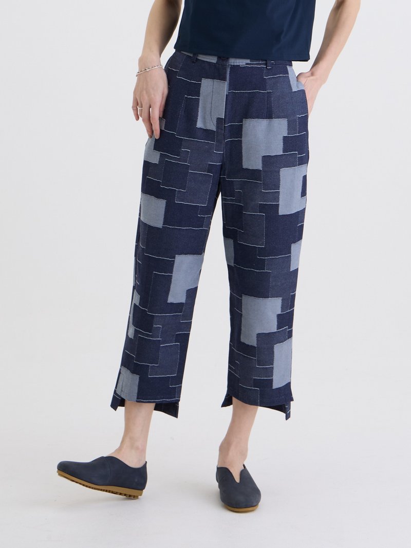 拼图牛仔九分裤-丹宁 - 女装长裤 - 聚酯纤维 蓝色