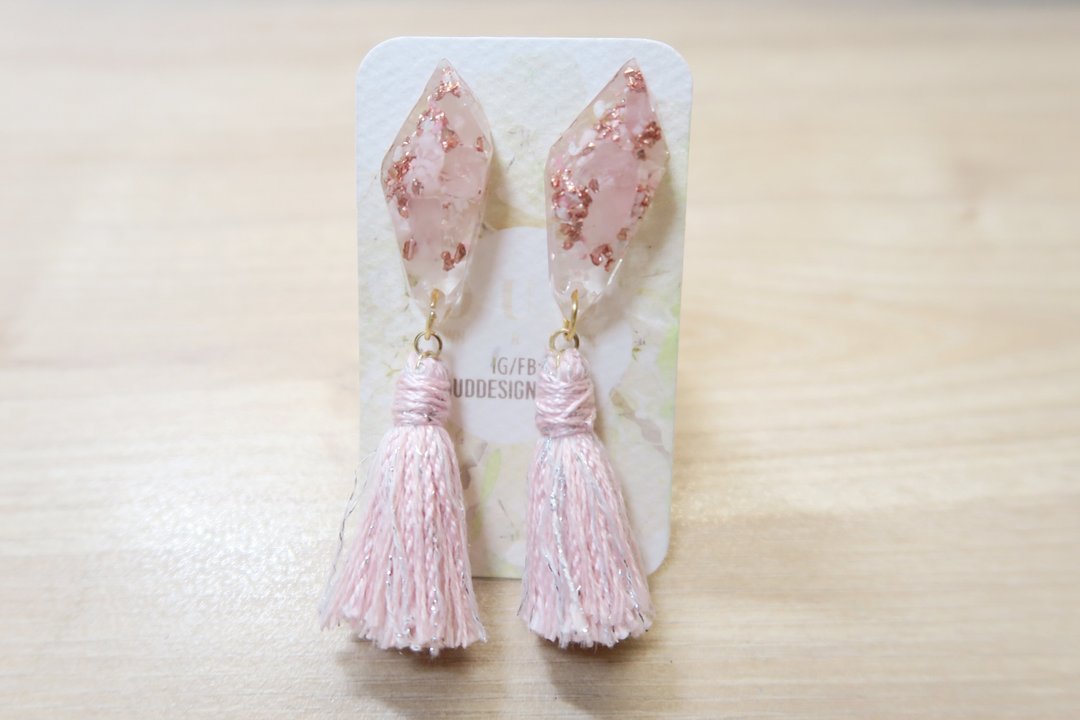 OUD原创.几何系列--矿石形天然粉晶玫瑰金箔樱花粉流苏耳环/耳夹 - 耳环/耳夹 - 水晶 粉红色