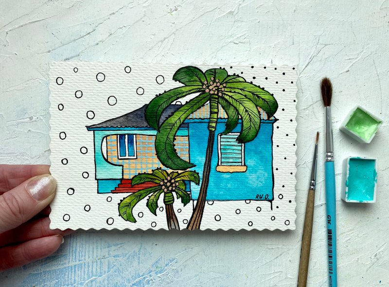 Hawaii painting Palm Mini art Original artwork Small wall art Miniature - 海报/装饰画/版画 - 纸 多色