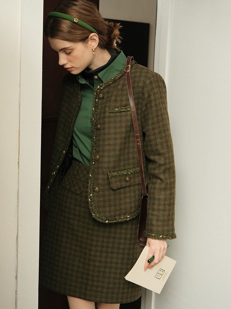 MintCheese法式复古文艺 高级感格纹小香风 夹棉套装枯叶黄/苔绿 - 女装休闲/机能外套 - 羊毛 绿色