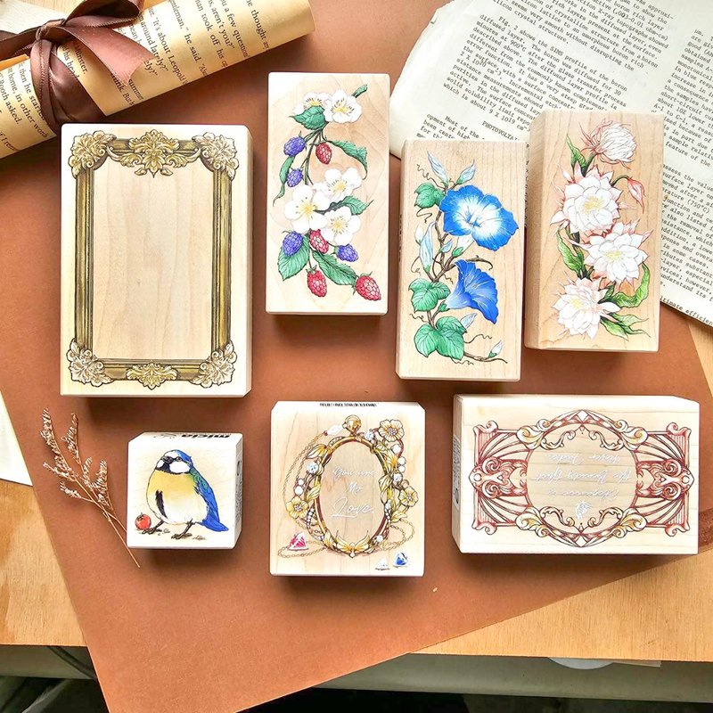 古典文艺花鸟之框 彩色枫木印章 - 印章/印台 - 其他材质 