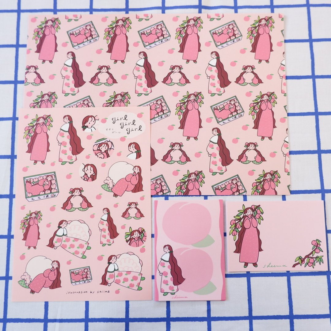 组合贩售【桃与女孩】 - 贴纸 - 纸 粉红色