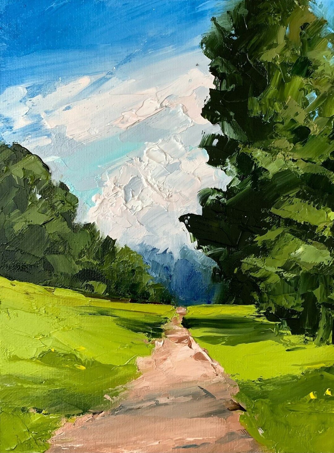 Original Green Field Painting Road Landscape Oil Painting On Canvas Impasto Art - 墙贴/壁贴 - 棉 多色