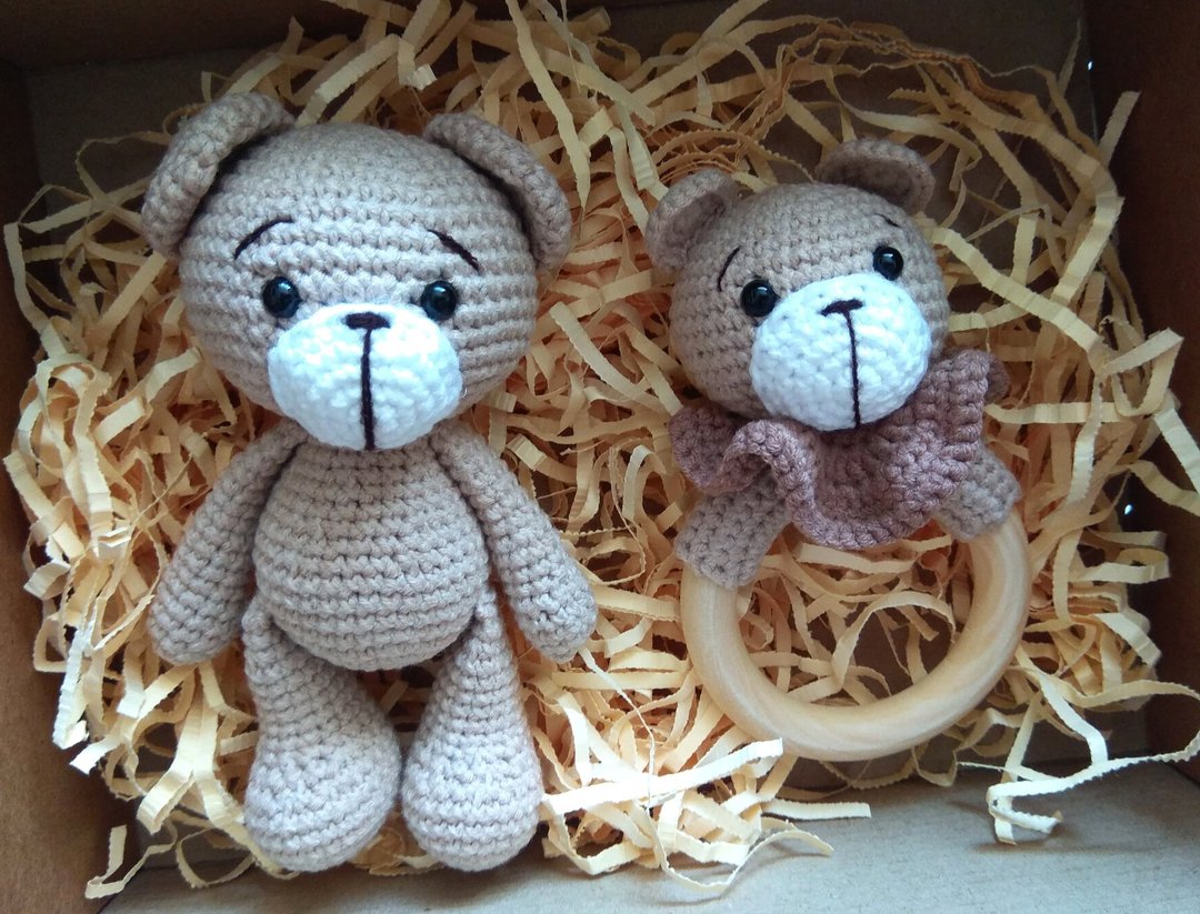 Baby box, crochet toy bear, rattle bear, Stuffed toy bear - 玩具/玩偶 - 棉．麻 多色