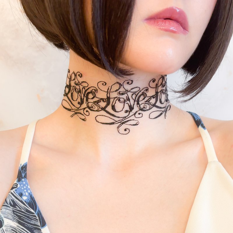 刻上思念 / 黑色纹身蕾丝颈链 SV648 - 颈链 - 其他金属 黑色