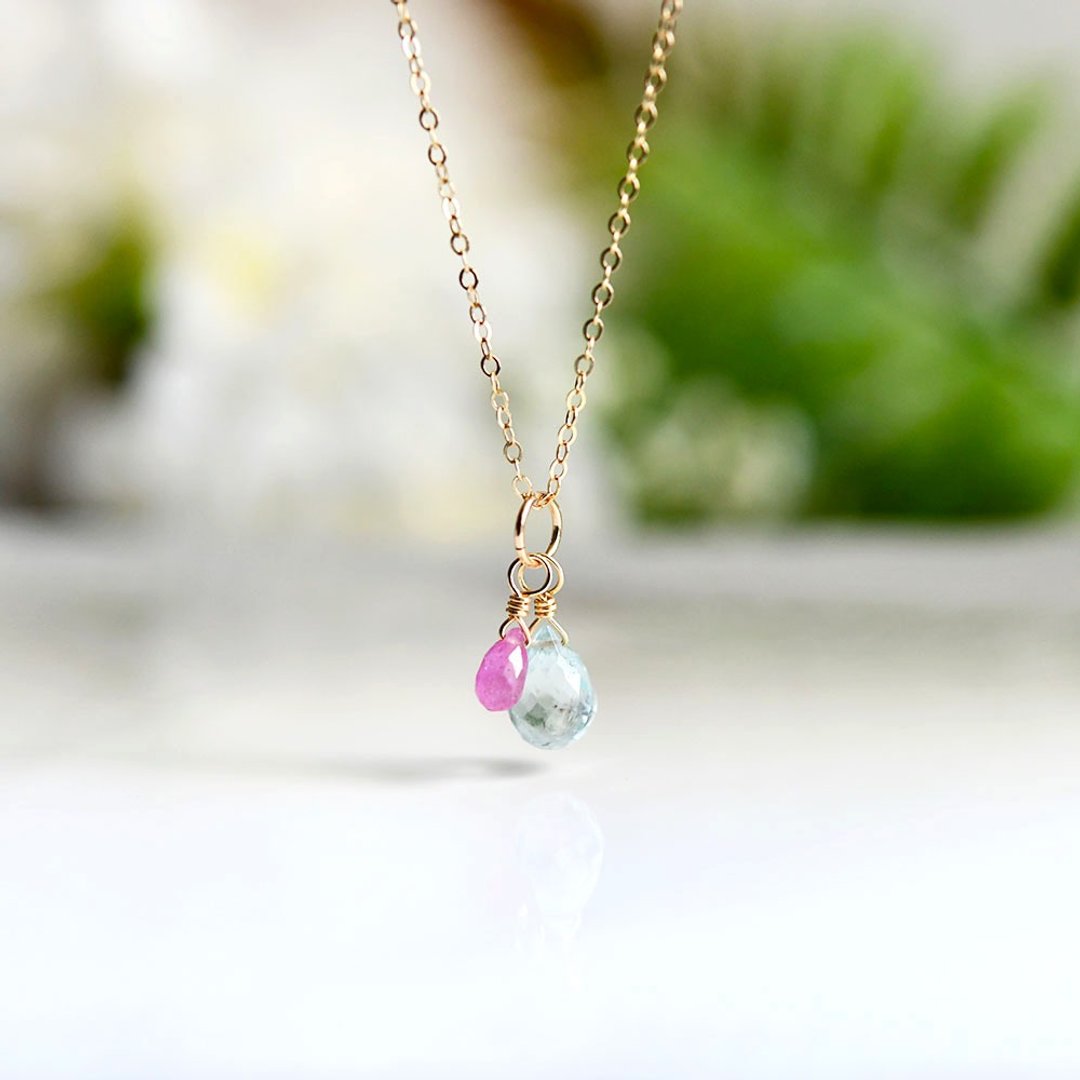 Build a happy home, angel Stone aquamarine and pink sapphire necklace March birthstone - 项链 - 宝石 白色