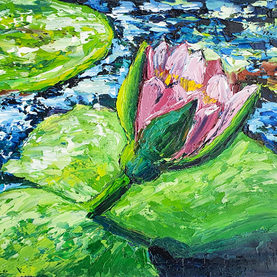 Lotus Painting Water Lilies Flowers Original Art Abstract Floral Artwork Pond - 海报/装饰画/版画 - 其他材质 绿色