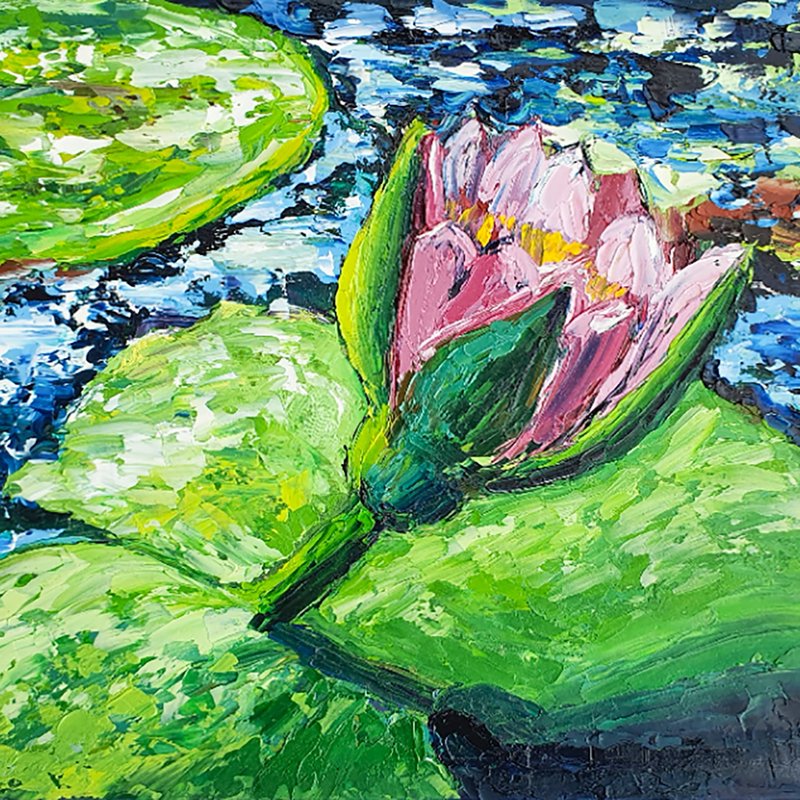 Lotus Painting Water Lilies Flowers Original Art Abstract Floral Artwork Pond - 海报/装饰画/版画 - 其他材质 绿色