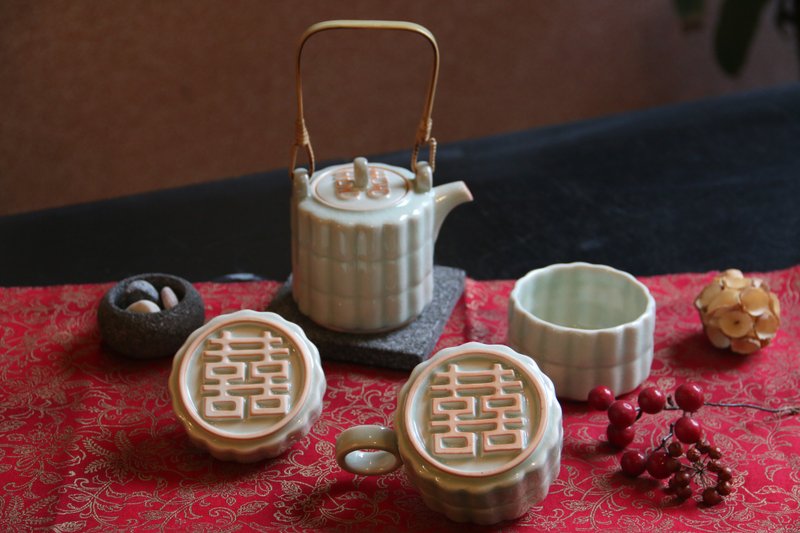 【台客蓝】见囍壶咖啡杯组 一壶+二杯 - 茶具/茶杯 - 陶 