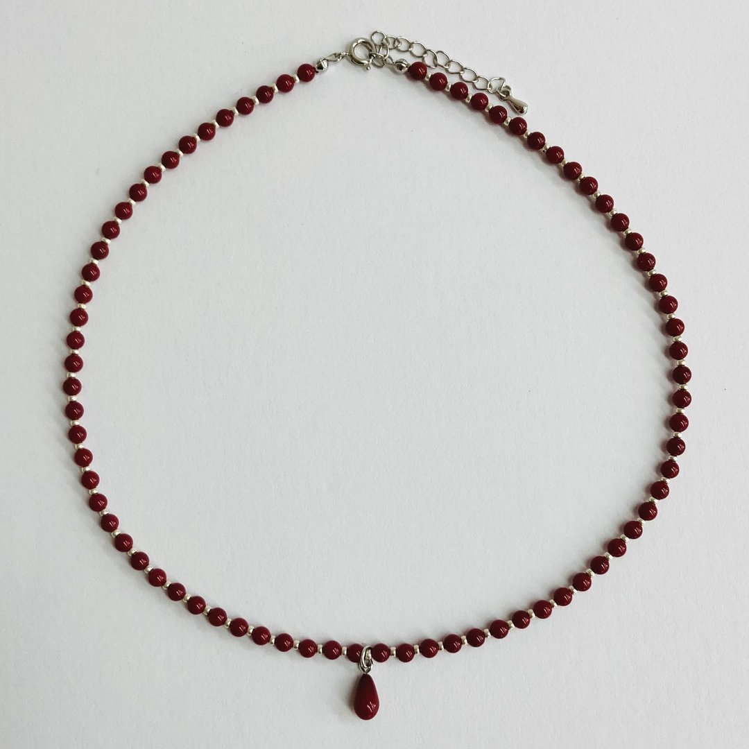 玻璃珠项链 / 附泪滴坠饰 S / 4mm 约 43cm / RED / 日本制造 - 项链 - 玻璃 红色