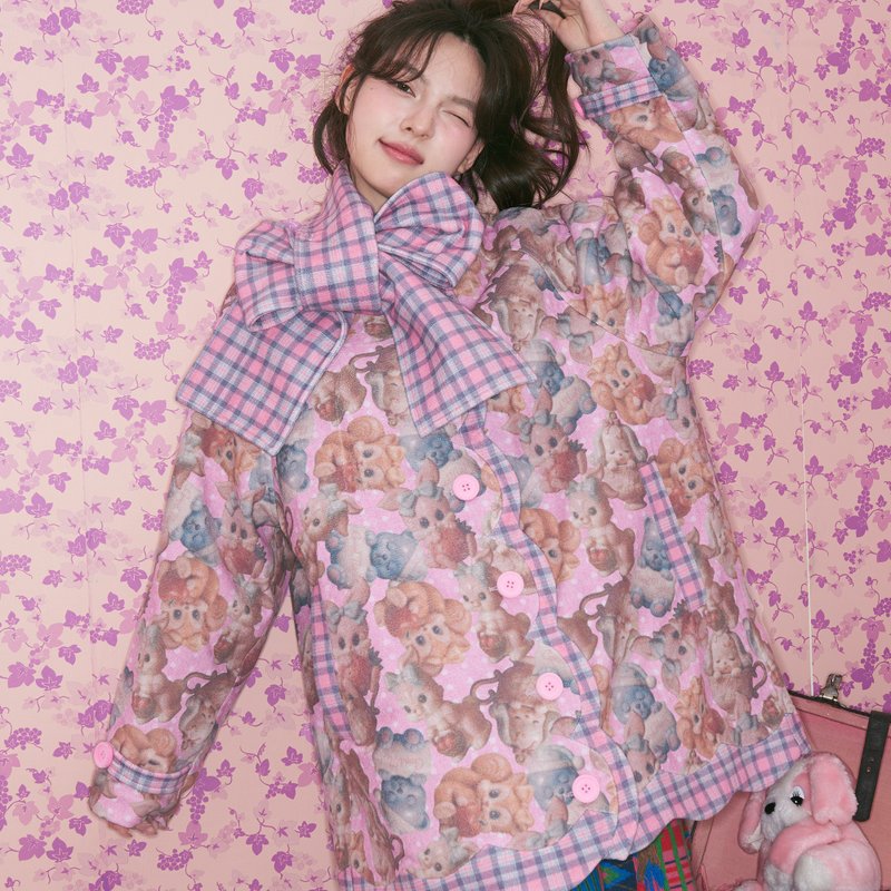 粉色格纹可爱小动物夹棉大衣外套围巾可拆卸 - 女装西装外套/风衣 - 其他材质 多色