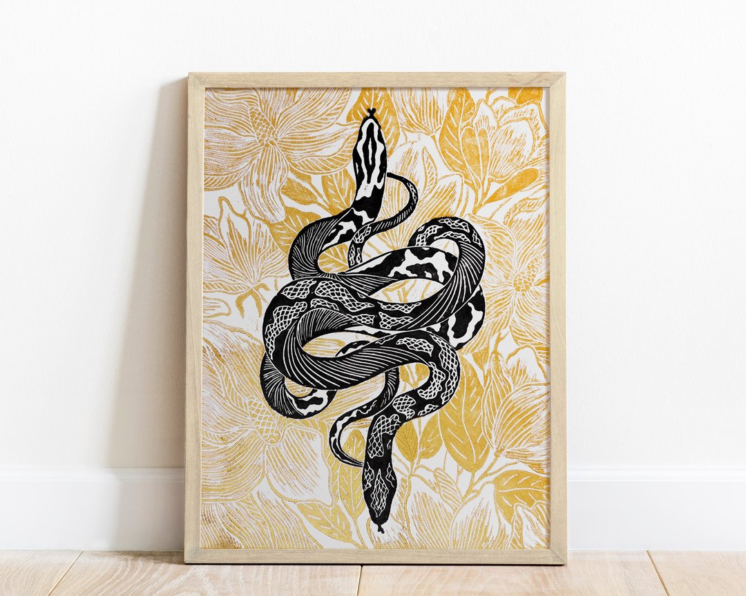 Linocut 印刷黑金艺术品植物蛇木兰花墙艺术 - 海报/装饰画/版画 - 纸 金色