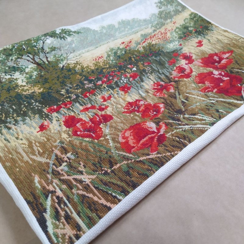 手工制作的红色罂粟花壁画、手工十字绣艺术品、礼品、家居装饰 - 海报/装饰画/版画 - 棉．麻 红色