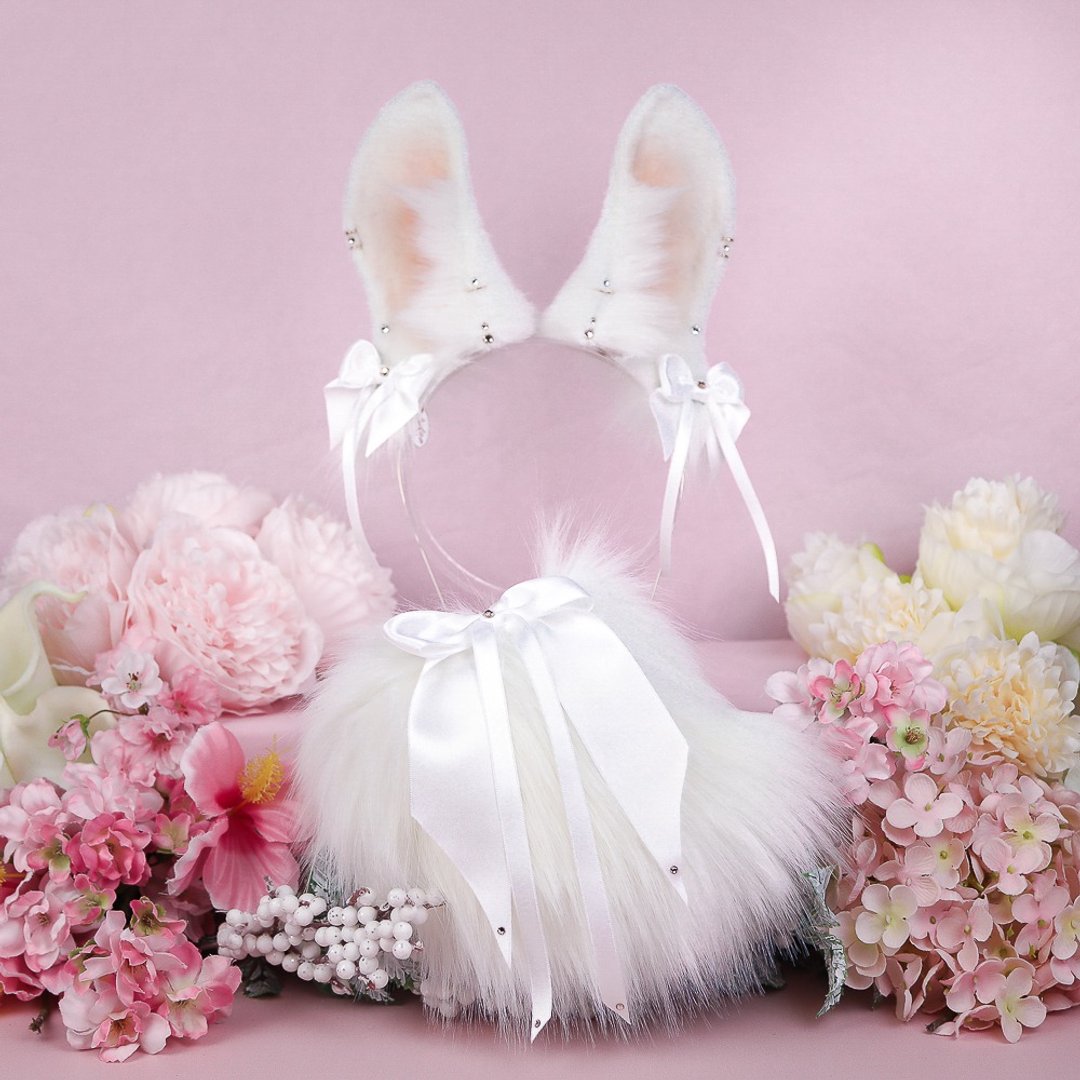 White Bunny Ears and Tail Set Faux Fur Ears - 发饰 - 其他人造纤维 白色