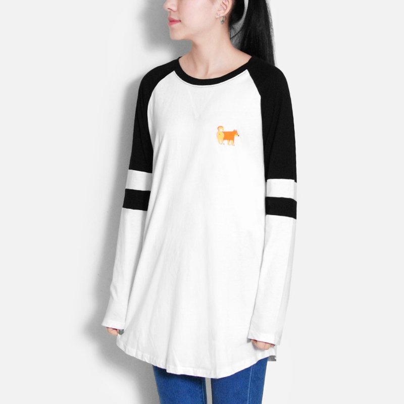 【最后一件】最心爱的分享／柴犬拼色棒球长版踢 - 女装 T 恤 - 棉．麻 白色