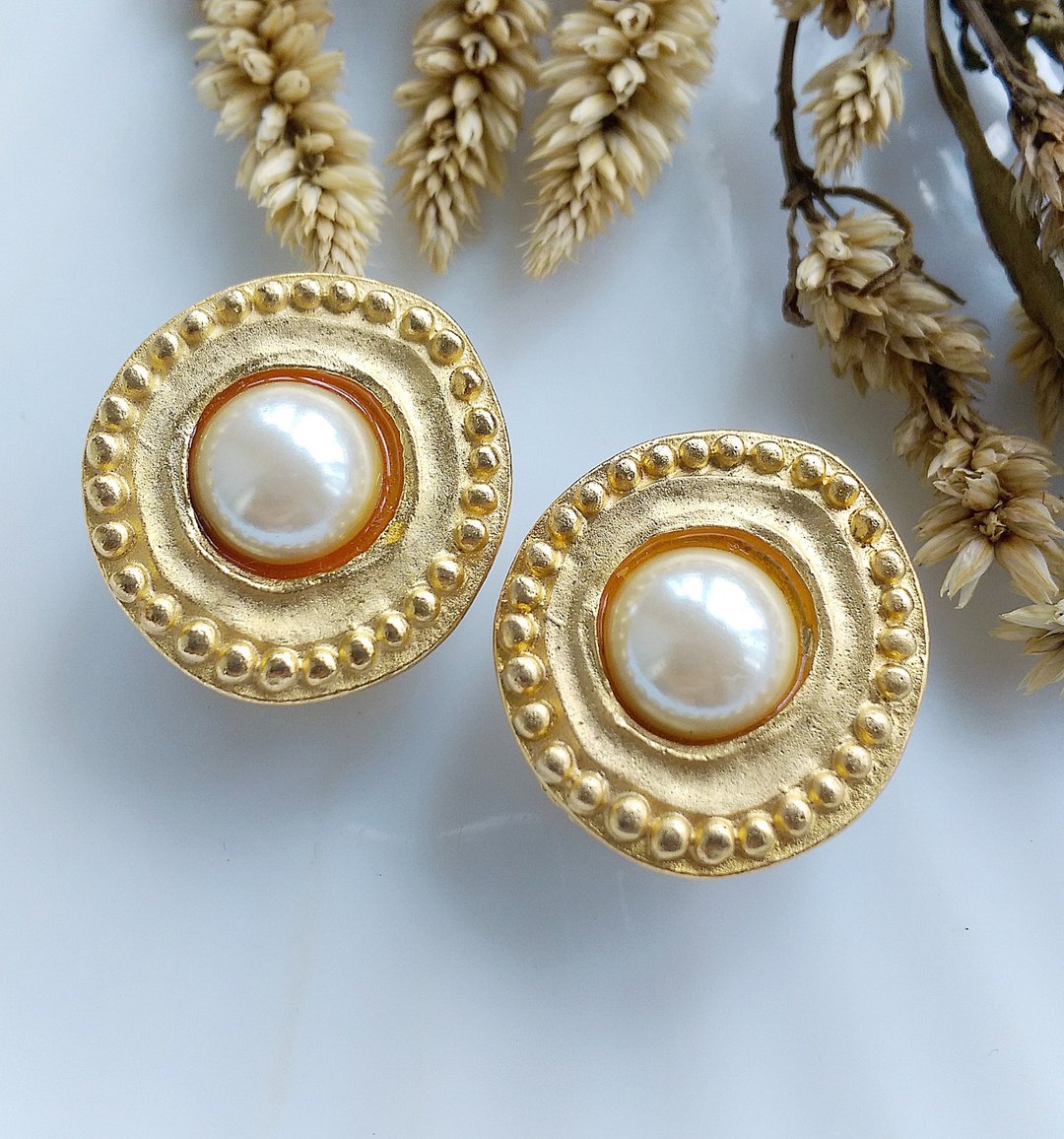 Vintage Jewelry 西洋古董饰品 GENNARO 哑光 仿珠 夹式耳环 - 耳环/耳夹 - 其他金属 金色