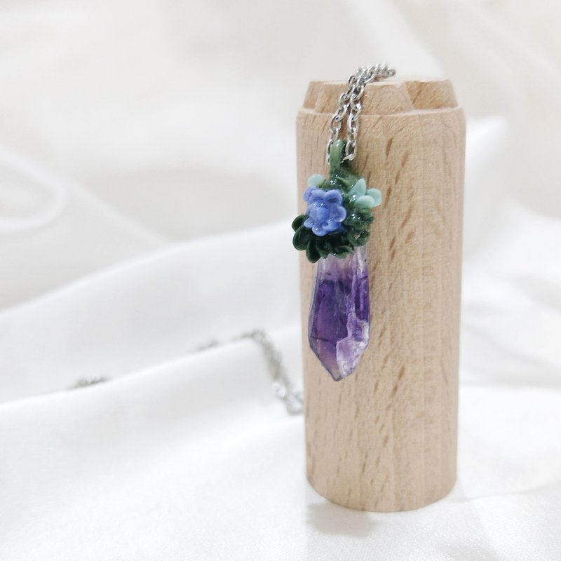 紫花朵软陶 紫水晶项链 天然水晶 森林系 魔法石 钢 原矿 矿石 - 项链 - 水晶 