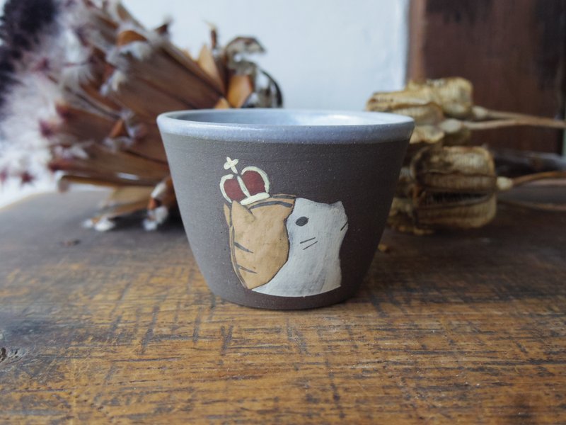 Sake cup with cat - 酒杯/酒器 - 陶 黑色