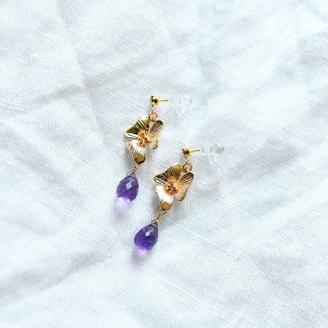 Amethyst's Flower Non-Hole Pierce, the Guardian of Love Stone Birthstone in February - 耳环/耳夹 - 宝石 紫色