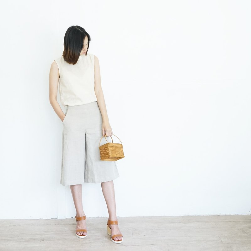 Cropped Linen Culottes Natural Color - 女装长裤 - 棉．麻 灰色