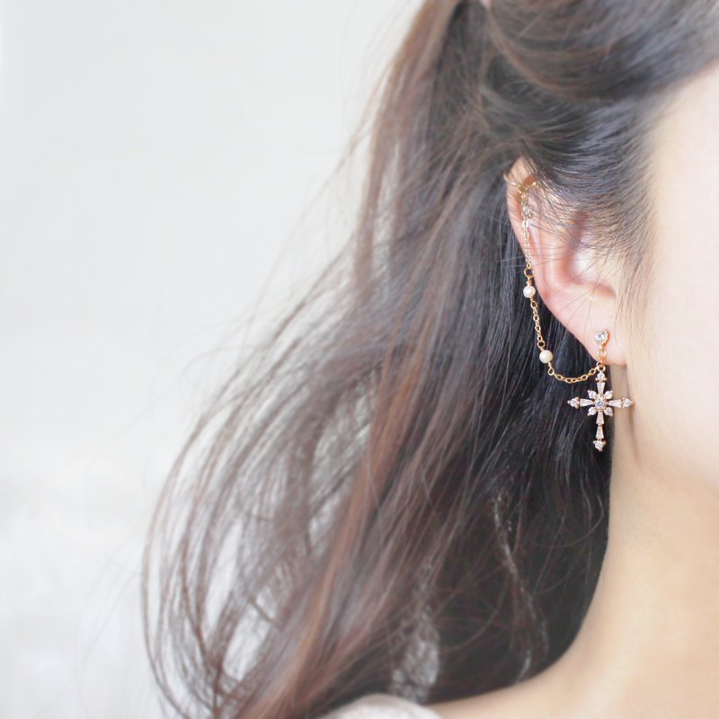 Giftest 纯银耳针珍珠 / 赎罪 单只十字架耳骨夹礼物耳环韩国J49 - 耳环/耳夹 - 贵金属 金色