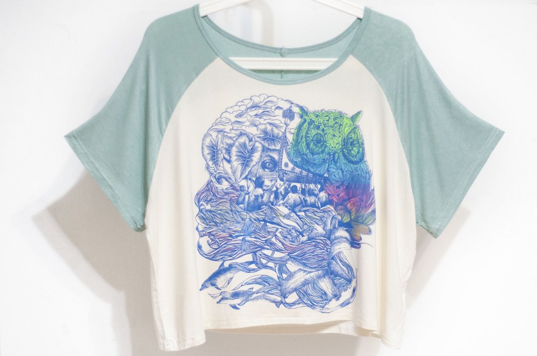 女装 莫代尔凉感拼色Tee 棒球上衣 撞色衣-到兰屿 旅行 猫头鹰 - 女装 T 恤 - 棉 白色