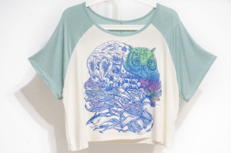 女装 莫代尔凉感拼色Tee 棒球上衣 撞色衣-到兰屿 旅行 猫头鹰 - 女装 T 恤 - 棉．麻 白色