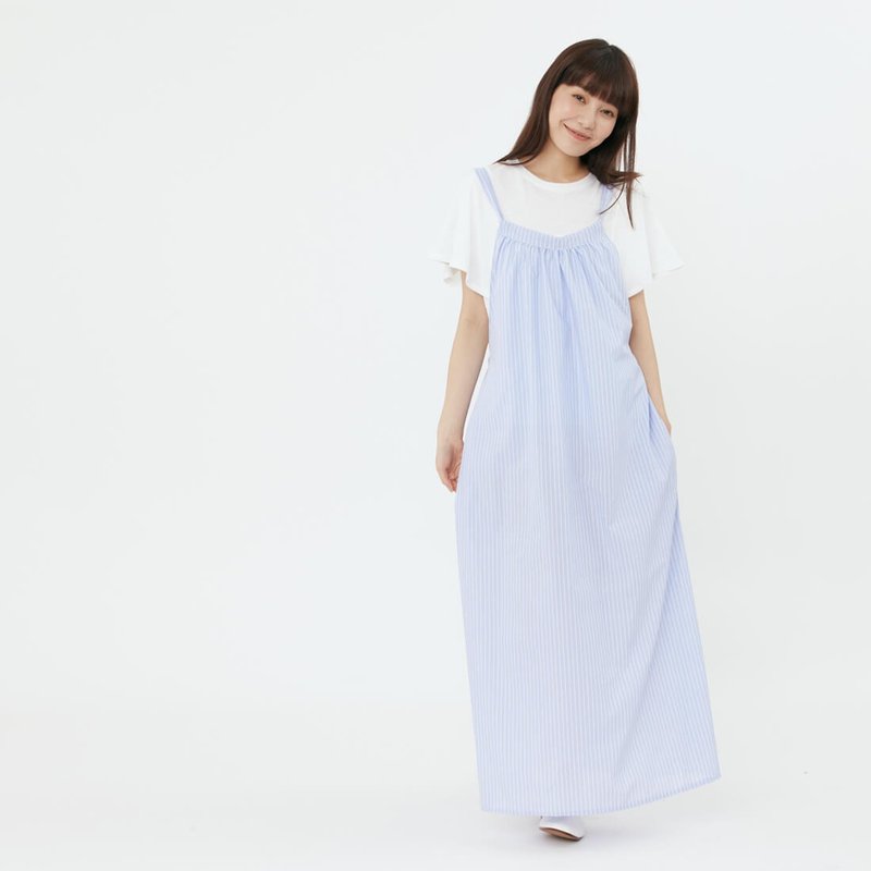 Jolly綁繩口袋吊帶裙/藍直條 - 洋装/连衣裙 - 棉．麻 蓝色