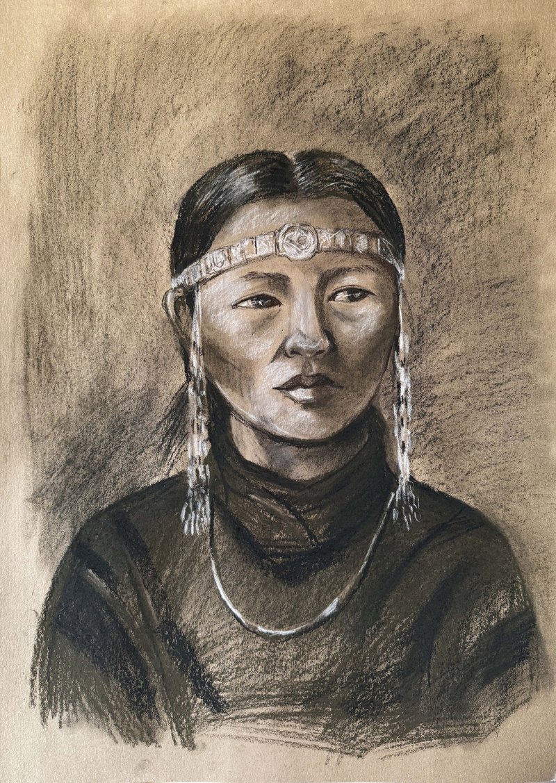 雅库特女孩油画棒肖像画喘息的东方女孩传统艺术 - 墙贴/壁贴 - 纸 咖啡色