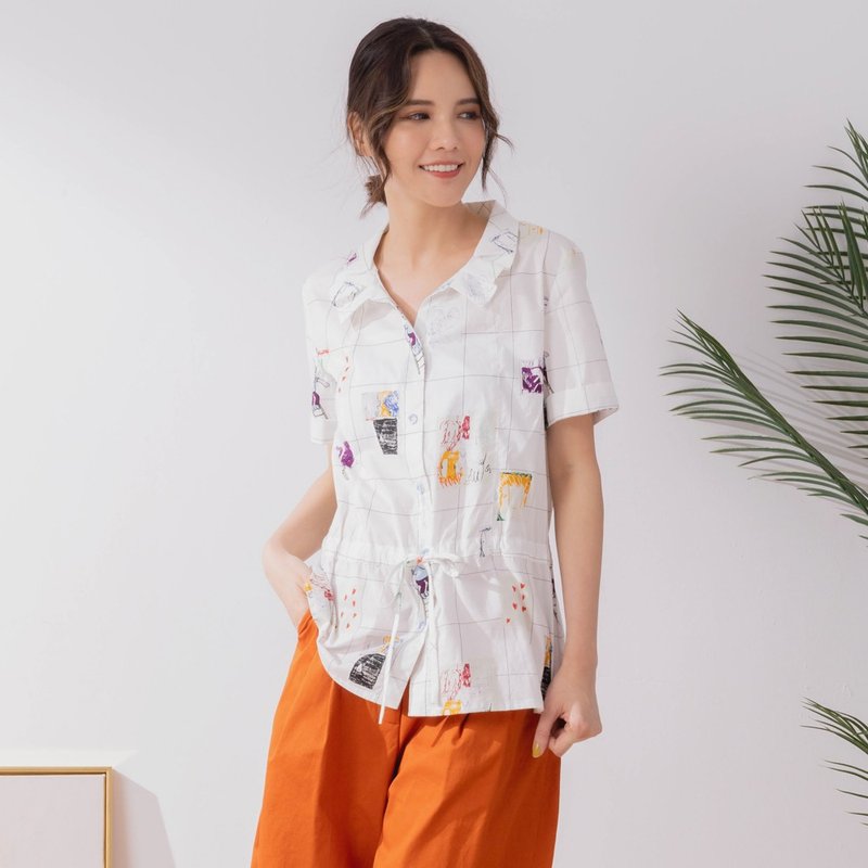【MEDUSA】可爱图案纯棉束腰衬衫 (M-XL) | 女装 上衣 | 上班穿搭 - 女装衬衫 - 棉．麻 白色