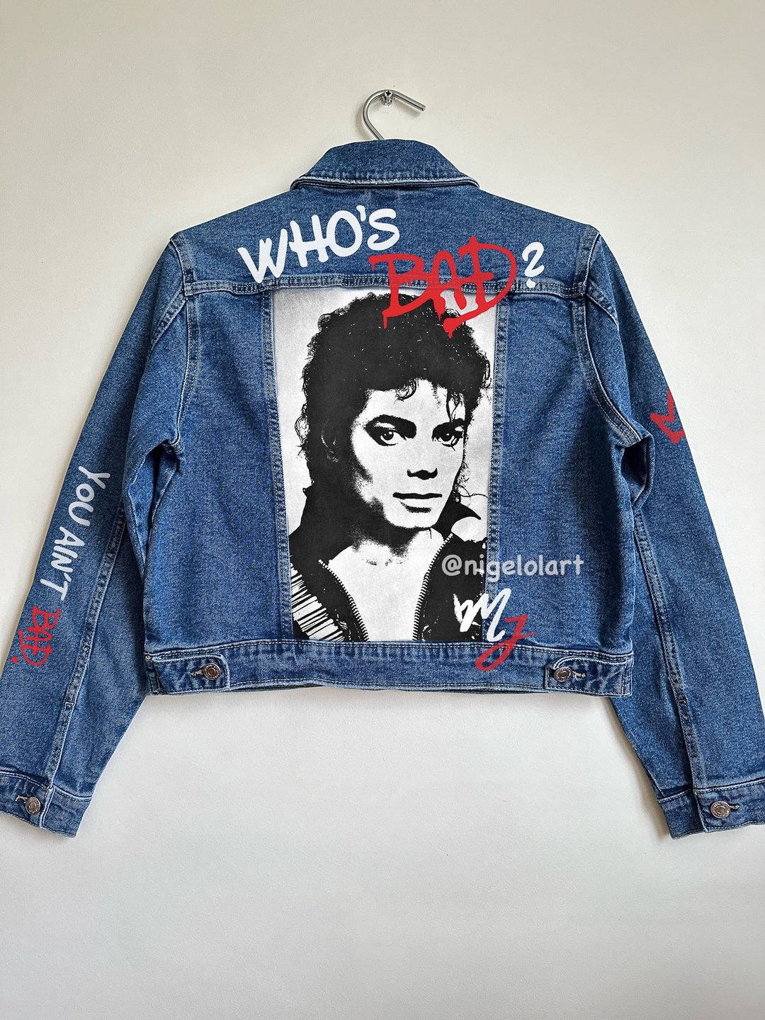 手绘牛仔外套 Who is bad? 麦可杰克森 定制化礼品 蓝色牛仔外套 - 女装休闲/机能外套 - 棉 蓝色