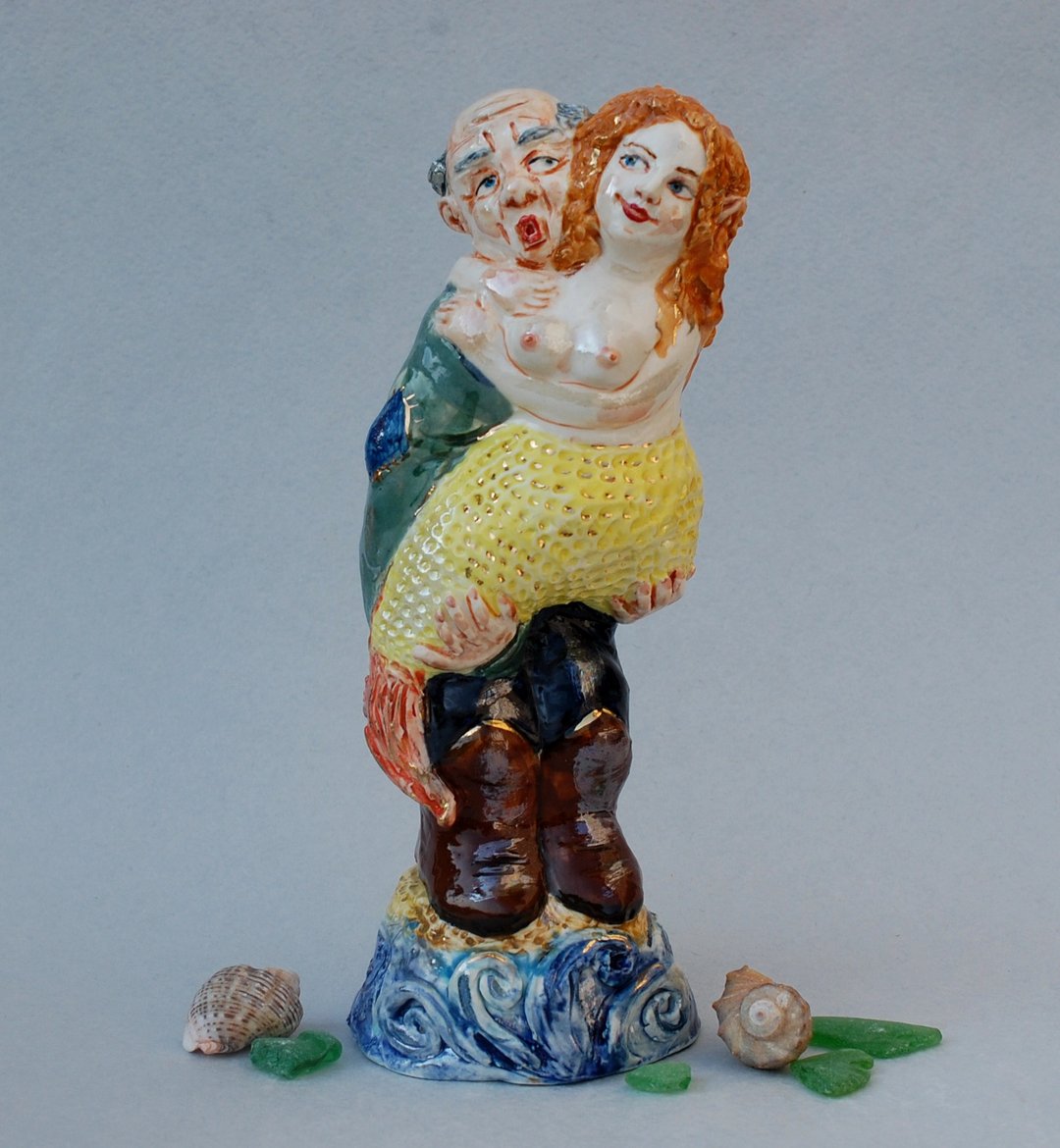 Mermaid figurine Couple in love Fisherman figurine Nude Woman Original Sculpture - 摆饰 - 瓷 多色