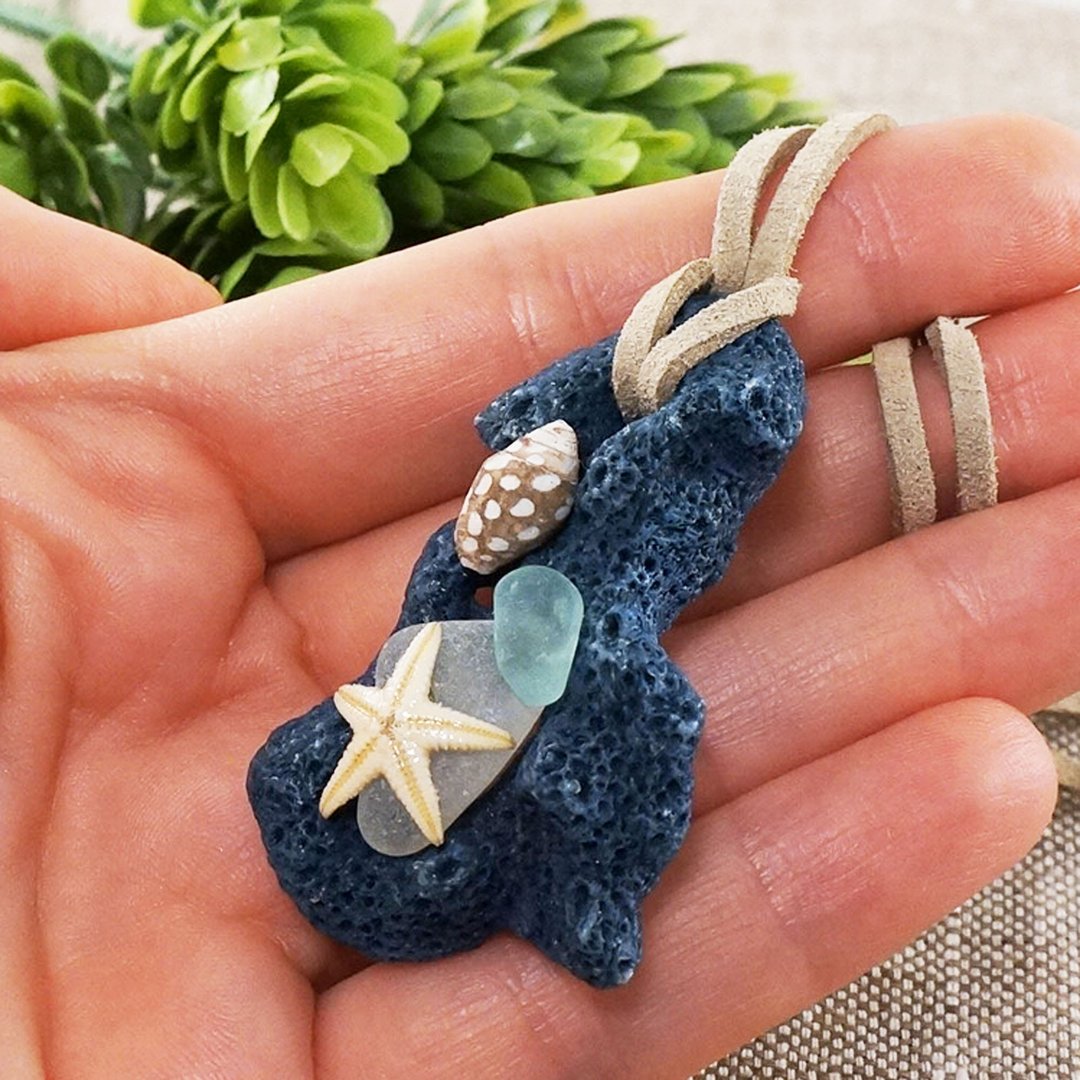 Blue Coral Necklace Starfish Sea Glass Shell Marine Maritime Pendant Jewelry - 项链 - 其他材质 蓝色