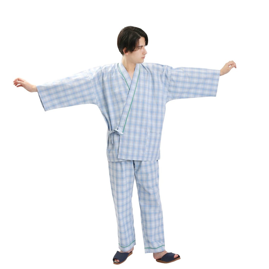 日本 和服 格子 作务衣 日式 休闲 室内服 睡衣 男女通用 蓝色 - 中性连帽卫衣/T 恤 - 棉 蓝色