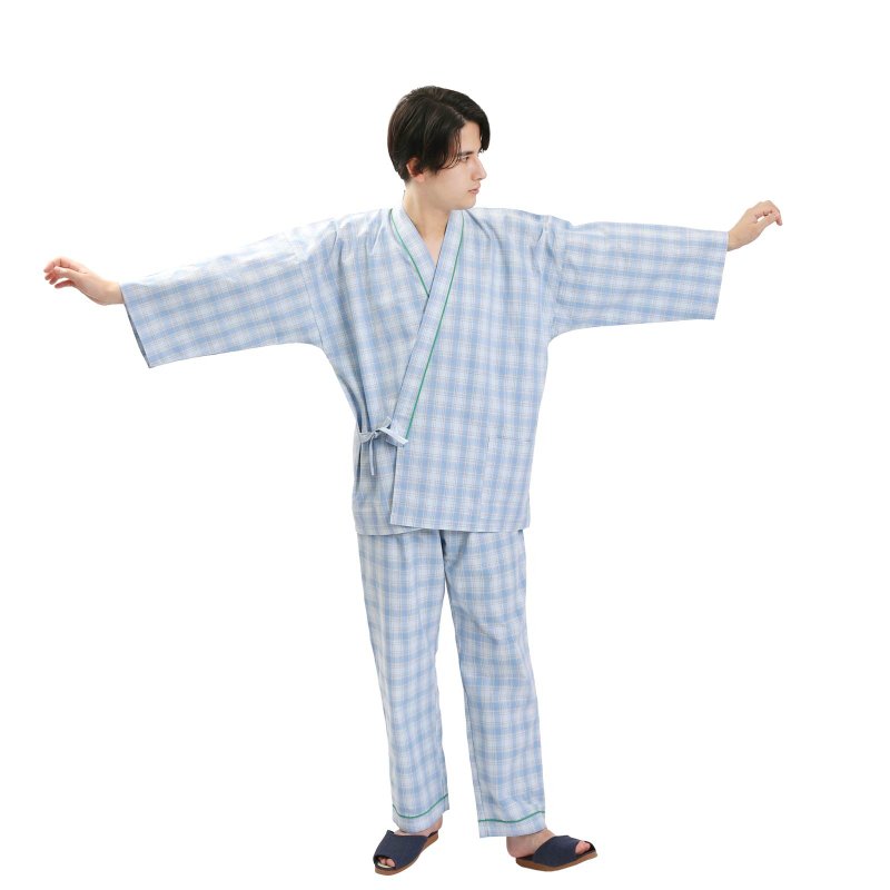 日本 和服 格子 作务衣 日式 休闲 室内服 睡衣 男女通用 蓝色 - 中性连帽卫衣/T 恤 - 棉．麻 蓝色