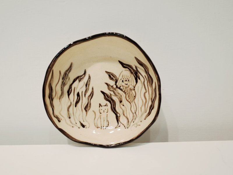 插画手绘陶盘－猫 - 盘子/餐盘/盘架 - 陶 黑色