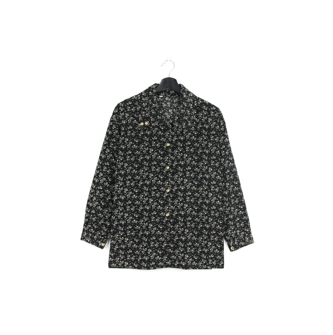 Back to Green- 长袖花衬衫 黑底满版花卉 /vintage shirts - 女装衬衫 - 聚酯纤维 
