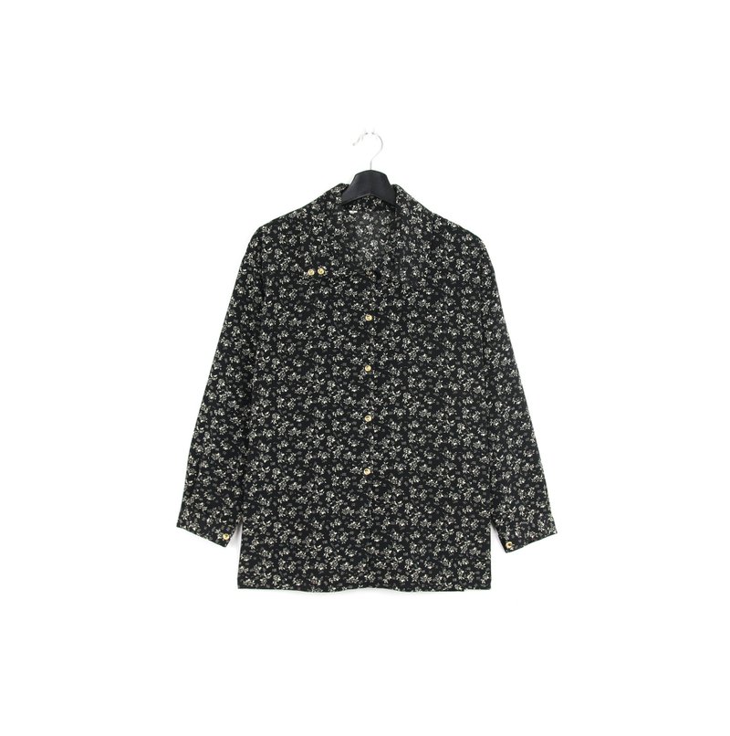 Back to Green- 长袖花衬衫 黑底满版花卉 /vintage shirts - 女装衬衫 - 聚酯纤维 