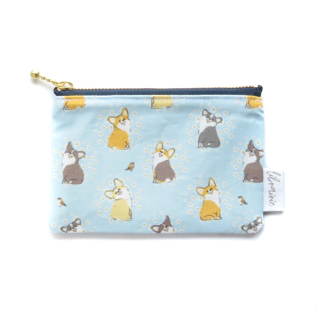 Kogipochi Smile Blooms, Looking Back Beautiful Dog Nico Nico Corgi and Sparrow Coin Case Card Case - 化妆包/杂物包 - 棉 蓝色