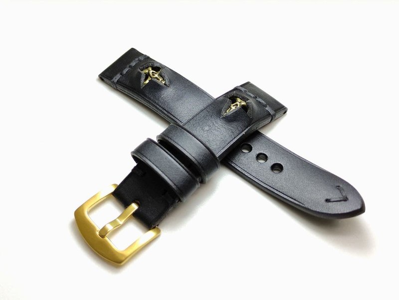 Bespoke black watchstrap with metal skull watchband thick watch strap - 表带 - 真皮 黑色