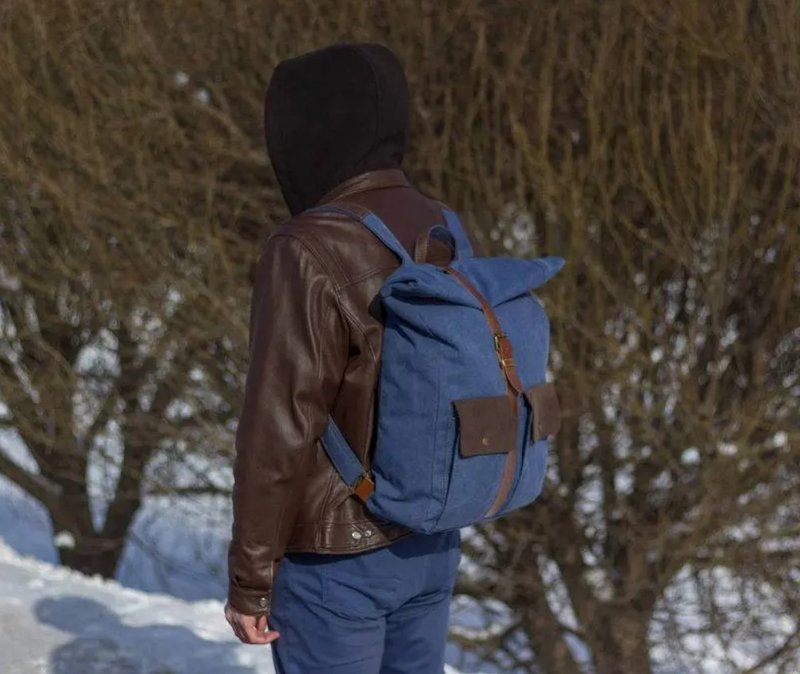 Handmade Canvas roll top backpack, Canvas leather backpack, Canvas rucksack - 后背包/双肩包 - 真皮 蓝色