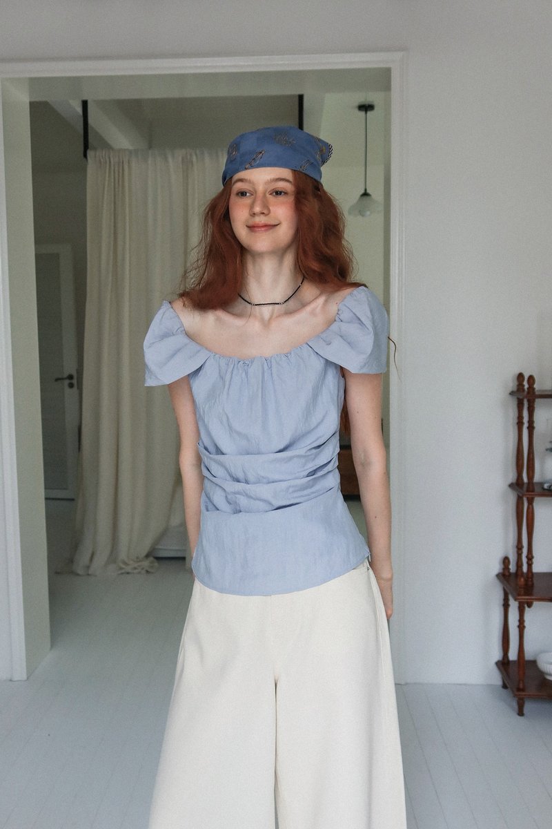 北欧女孩 一字领花苞袖短袖T恤 - 女装 T 恤 - 其他材质 多色