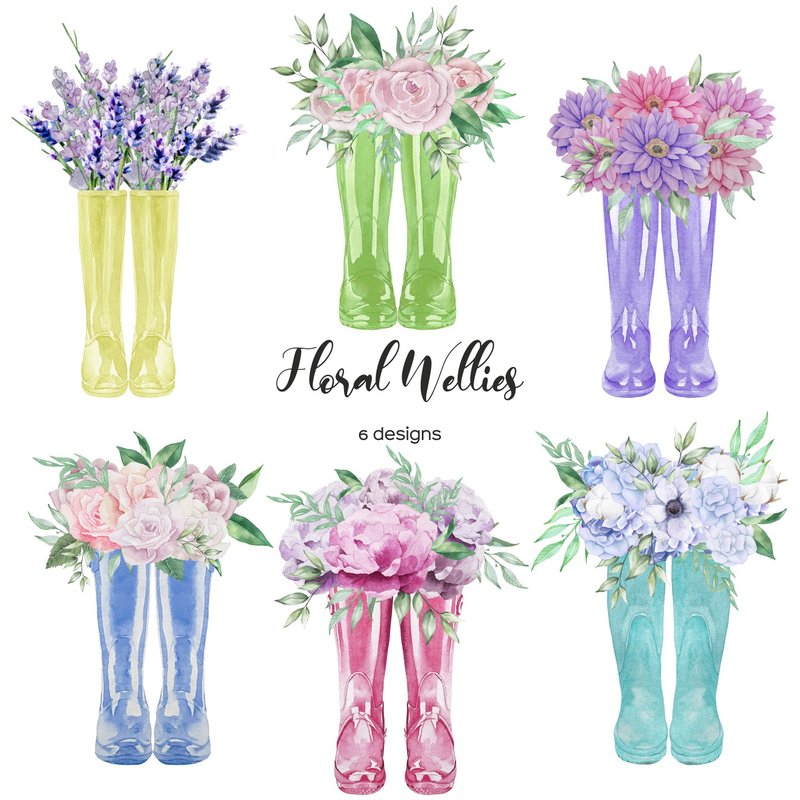 Watercolor wellies with flowers. Floral boots 6 PNG - 插画/绘画/写字 - 其他材质 多色