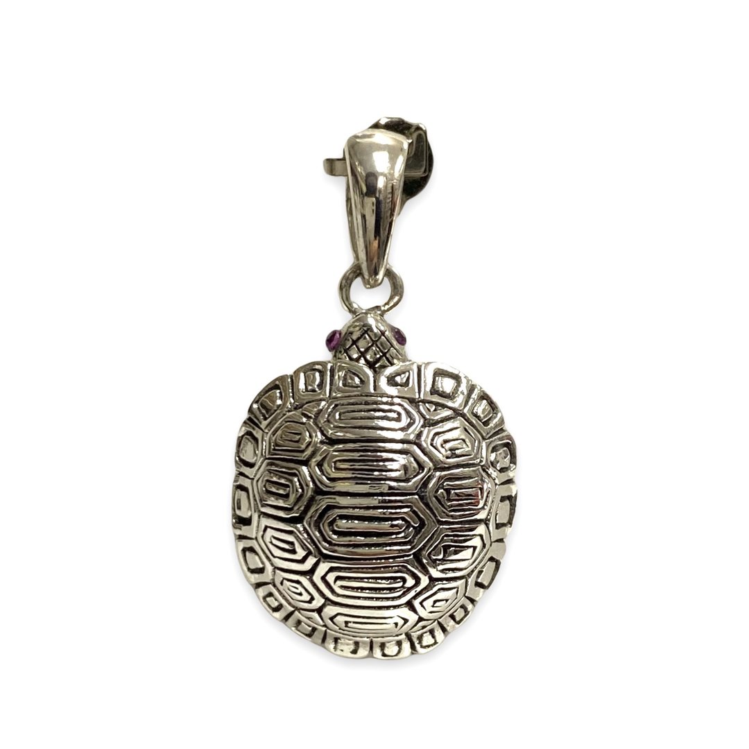 Victorian Style Turtle Tortoise Ruby Pill Snuff Box Pendant 925 Sterling Silver - 项链 - 纯银 银色