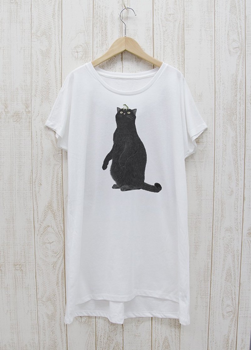 盖住头的黑猫 洋装 T 恤 绿色 白色 / R005-O-WH - 洋装/连衣裙 - 棉．麻 白色