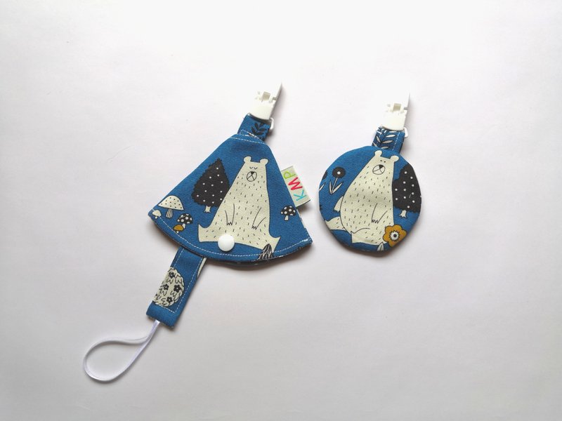 圆形平安袋 奶嘴夹 奶嘴收纳袋 组合 森林熊熊 - 平安符/符袋 - 棉．麻 蓝色